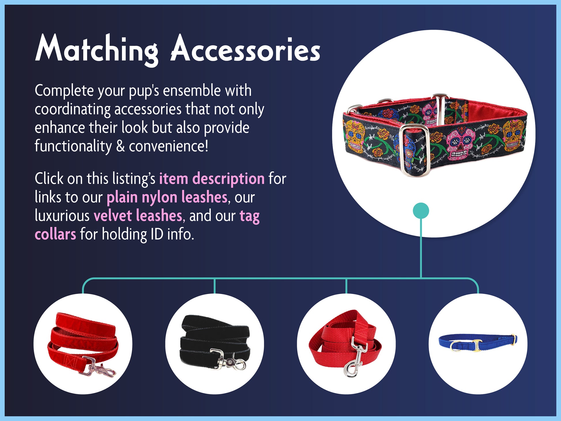 Matching Accessories for the 1.5 Inch Wide Sugar Skulls Dog Collar by The Hound Haberdashery