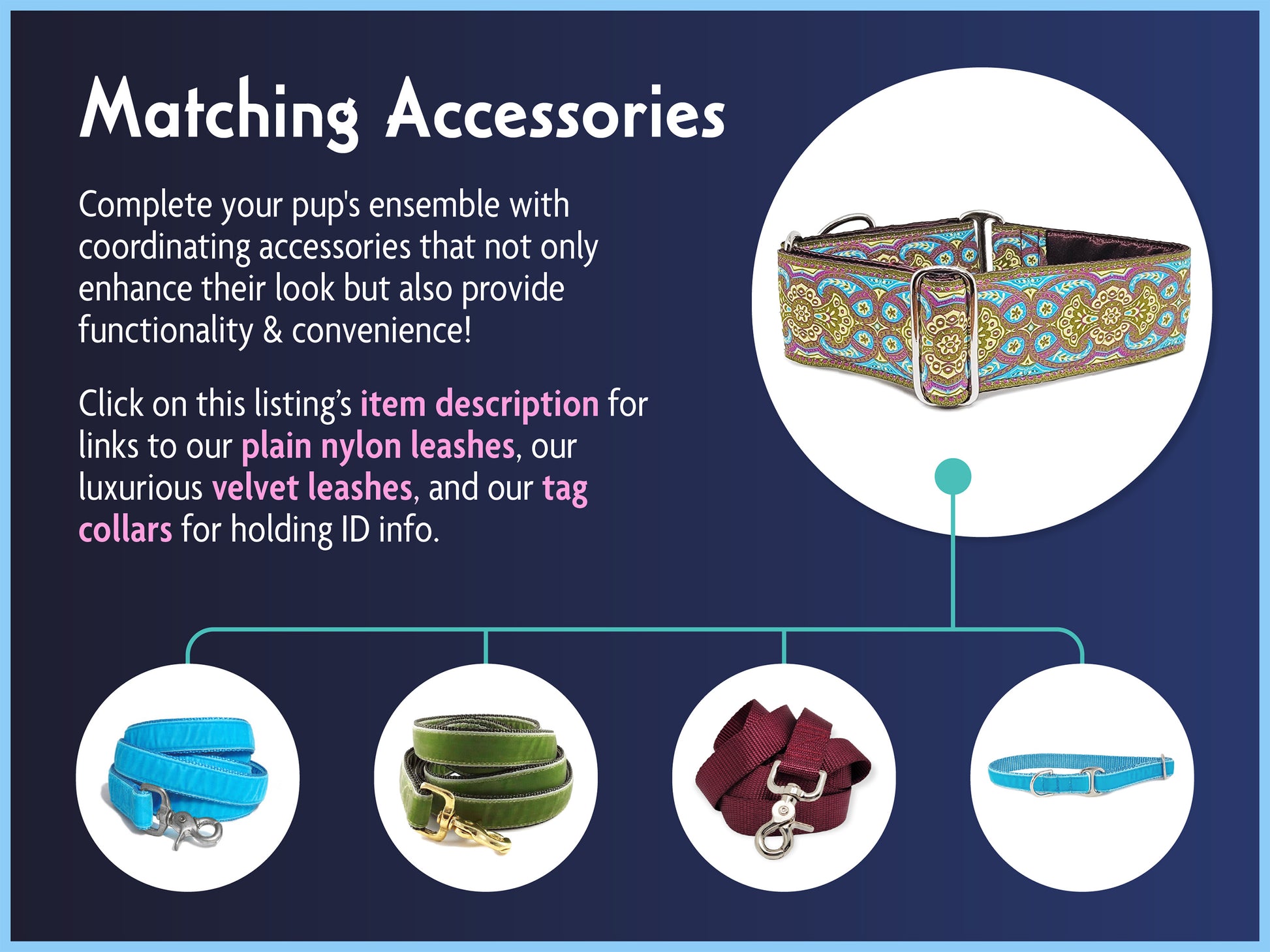 Matching Accessories for the 2 Inch Wide Olive, Plum Marseilles Dog Collar by The Hound Haberdashery