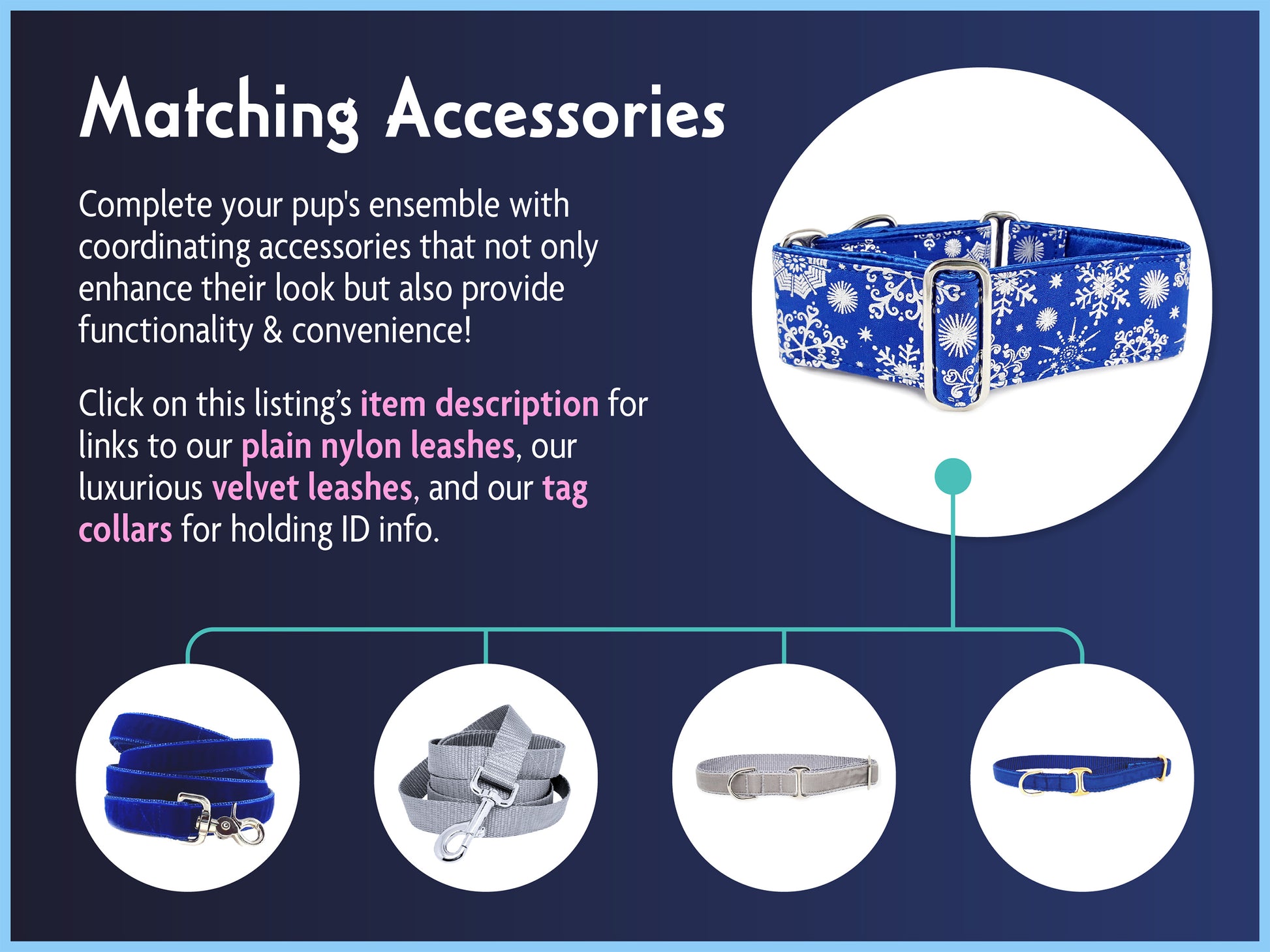 Matching Accessories for the Blue, Silver Snowflakes Dog Collar by The Hound Haberdashery