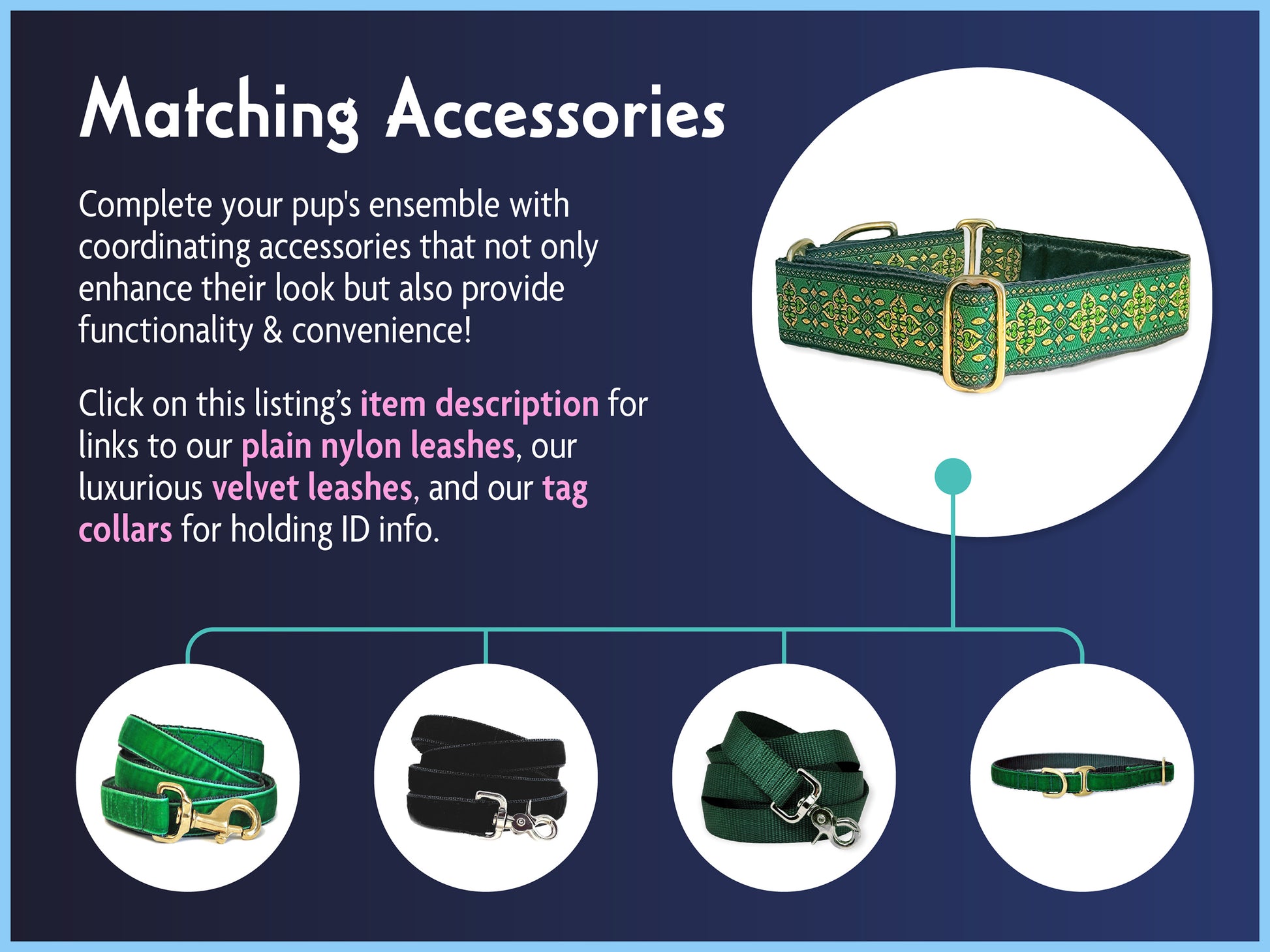 Matching Accessories for the 1.5 Inch Wide Green Cashel Dog Collar by The Hound Haberdashery