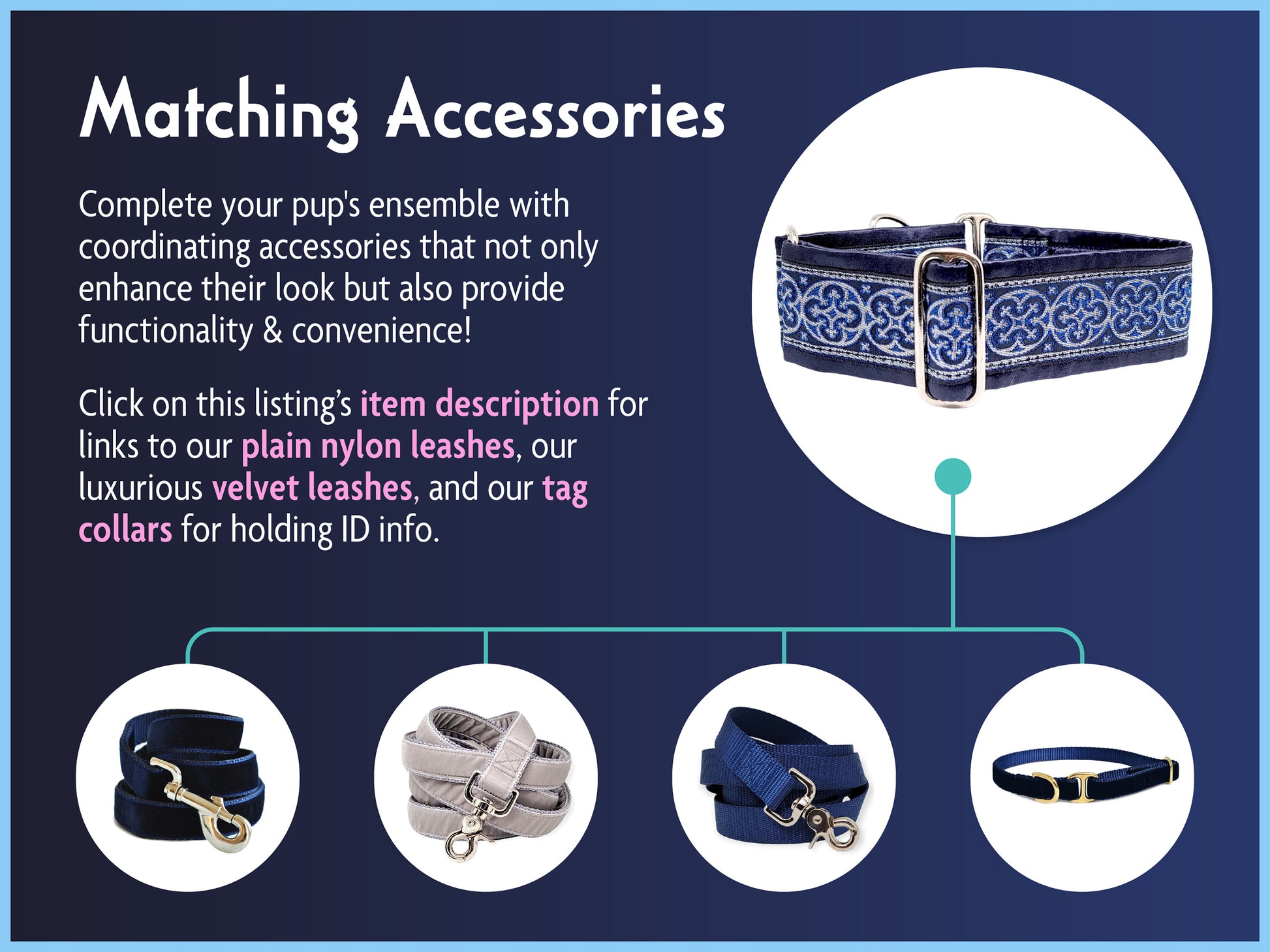 Matching Accessories for the 2 Inch Wide Navy Blue, Silver Celtic Cross Dog Collar by The Hound Haberdashery