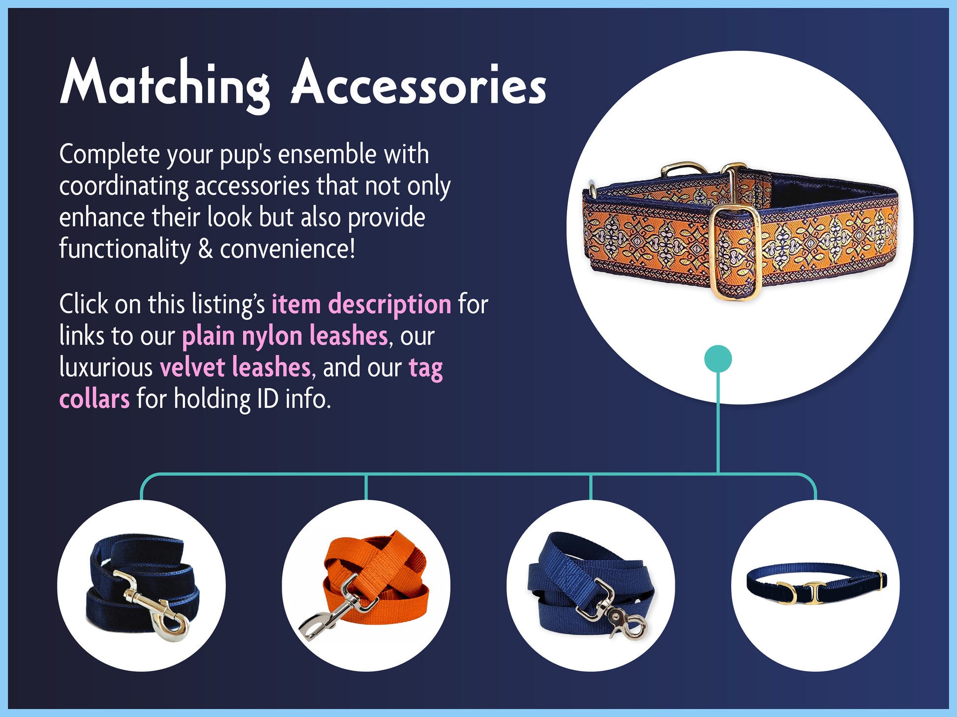 Matching Accessories for the 1.5 Inch Wide Orange, Navy Cashel Dog Collar by The Hound Haberdashery