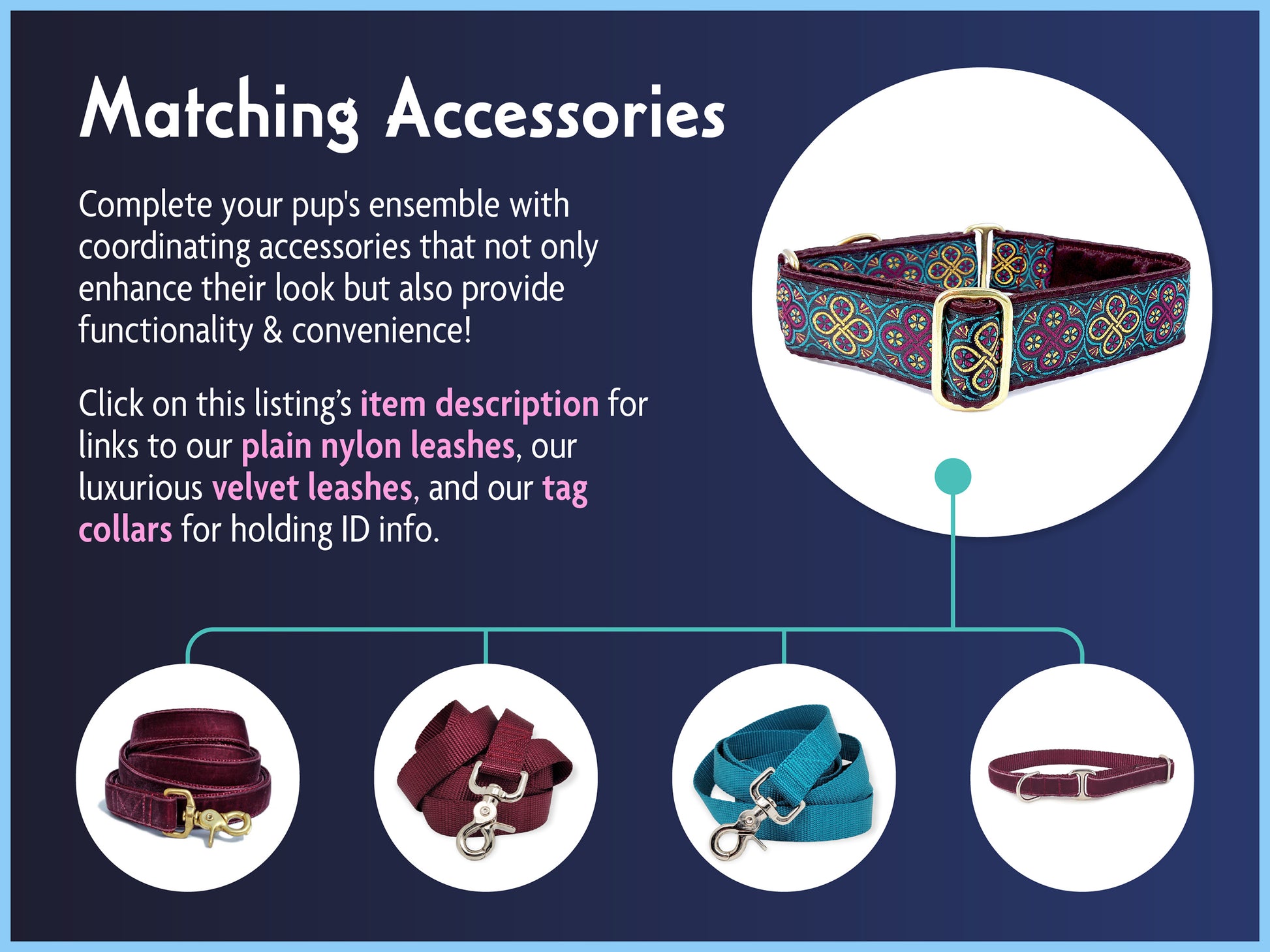 Matching Accessories for the 1.5 Inch Wide Plum, Teal Blarney Dog Collar by The Hound Haberdashery
