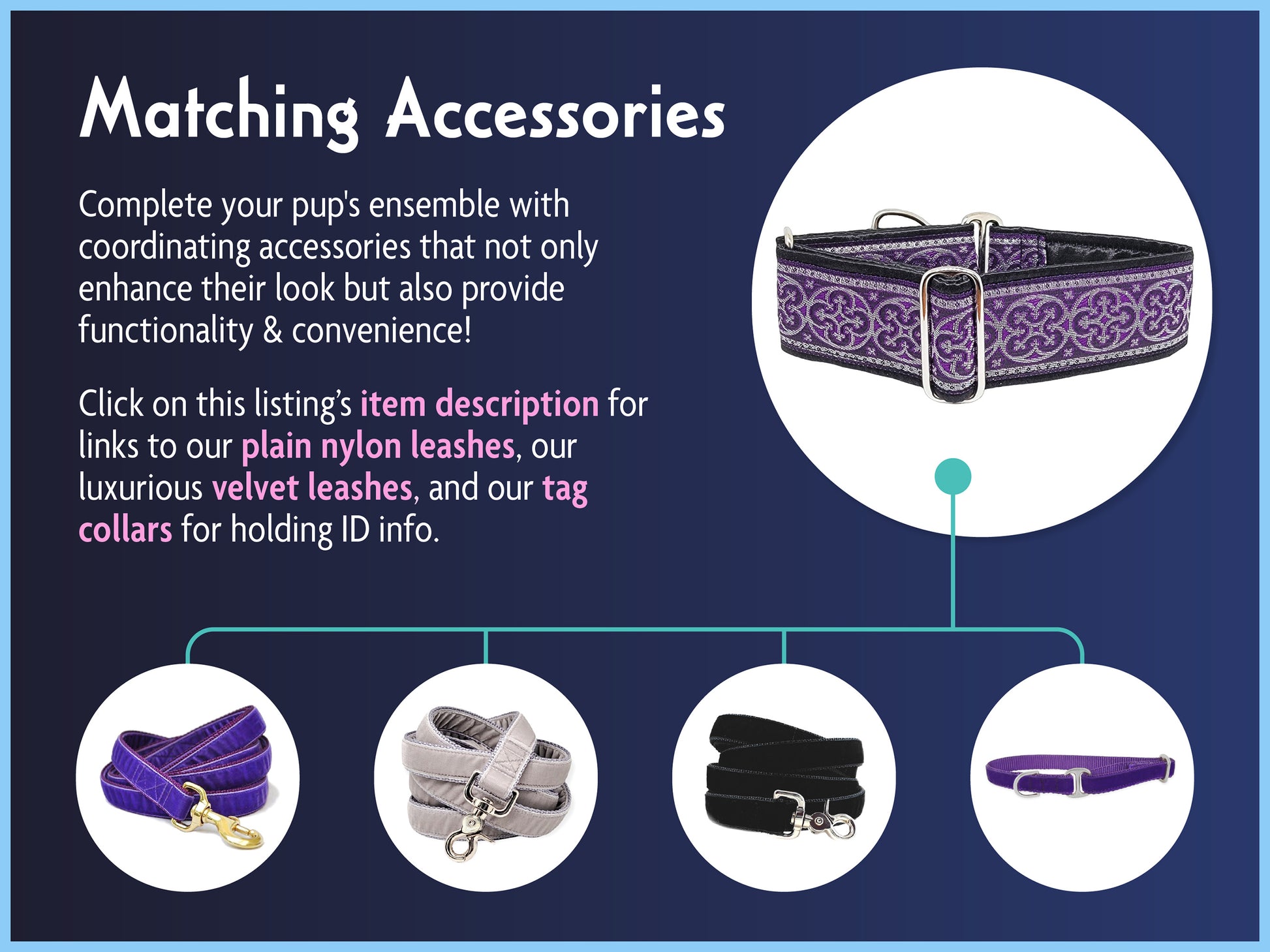 Matching Accessories for the 2 Inch Wide Purple, Silver Celtic Cross Dog Collar by The Hound Haberdashery