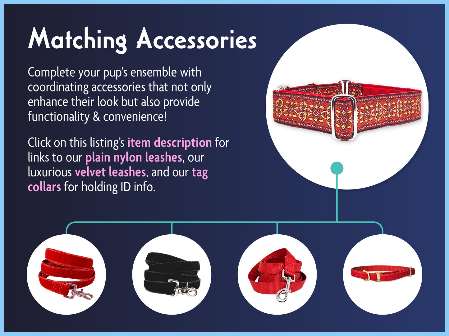 Matching Accessories for the 1.5 Inch Wide Red, Gold Cashel Dog Collar by The Hound Haberdashery