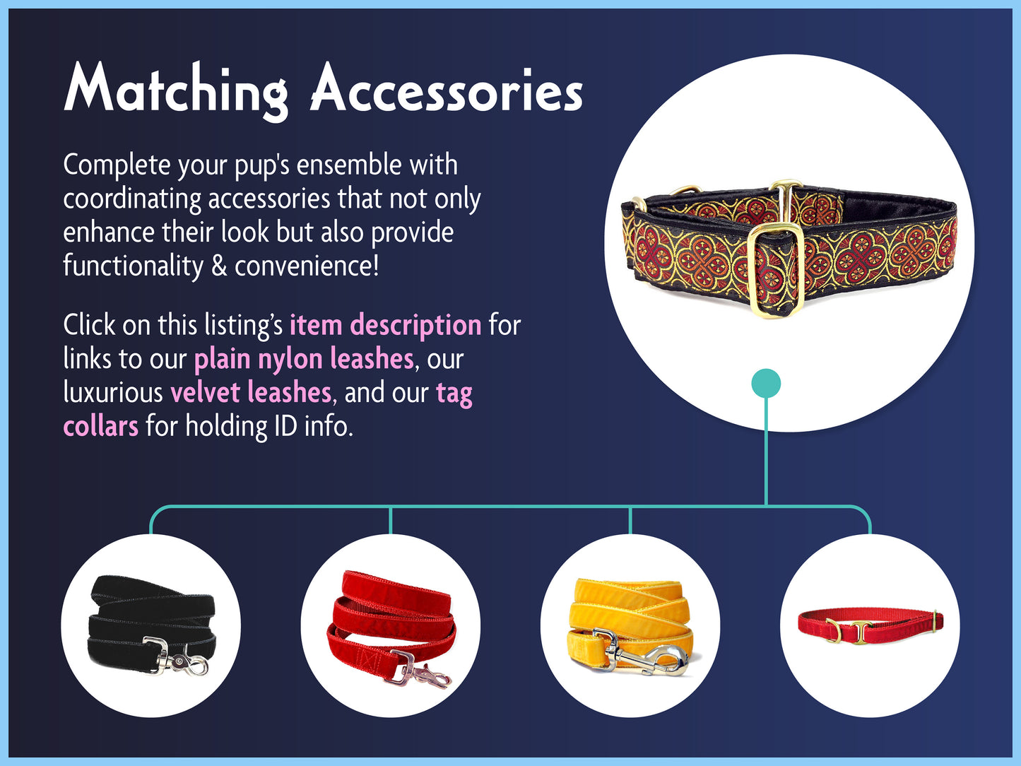 Matching Accessories for the 1.5 Inch Wide Red, Gold Blarney Dog Collar by The Hound Haberdashery