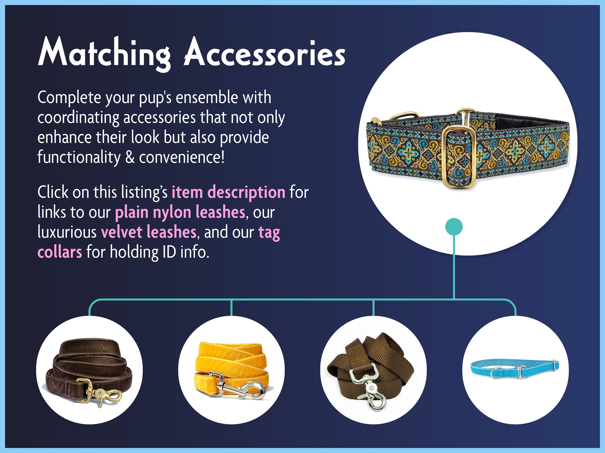 Matching Accessories for the 1.5 Inch Wide Brown, Turquoise Nobility Dog Collar by The Hound Haberdashery