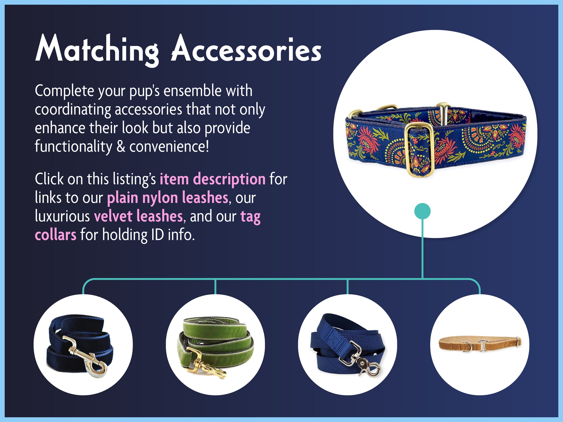 Matching Accessories for the 1.5 Inch Wide Navy Blue Flower Burst Dog Collar by The Hound Haberdashery