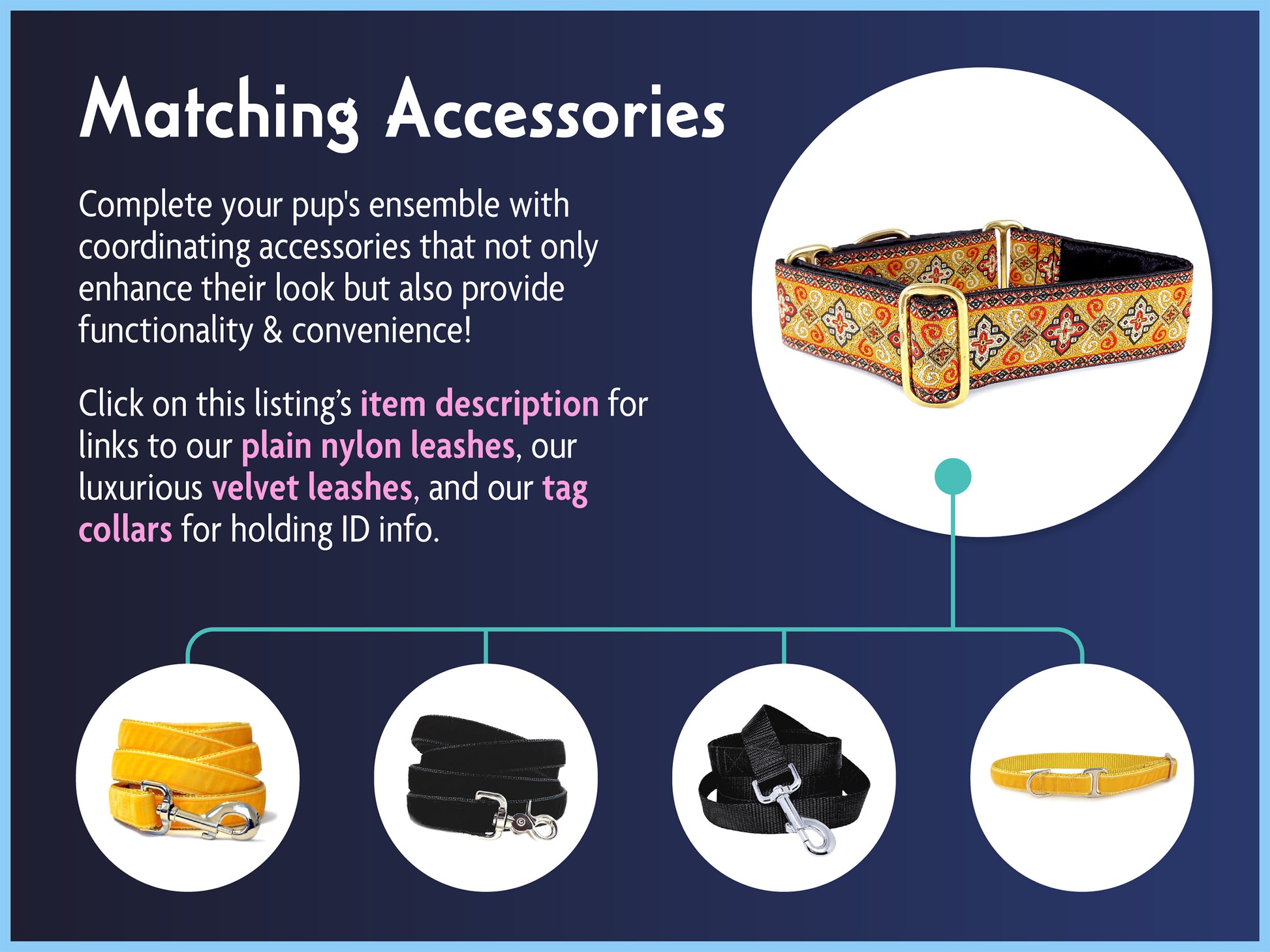 Matching Accessories for the 1.5 Inch Wide Orange, Gold Nobility Dog Collar by The Hound Haberdashery