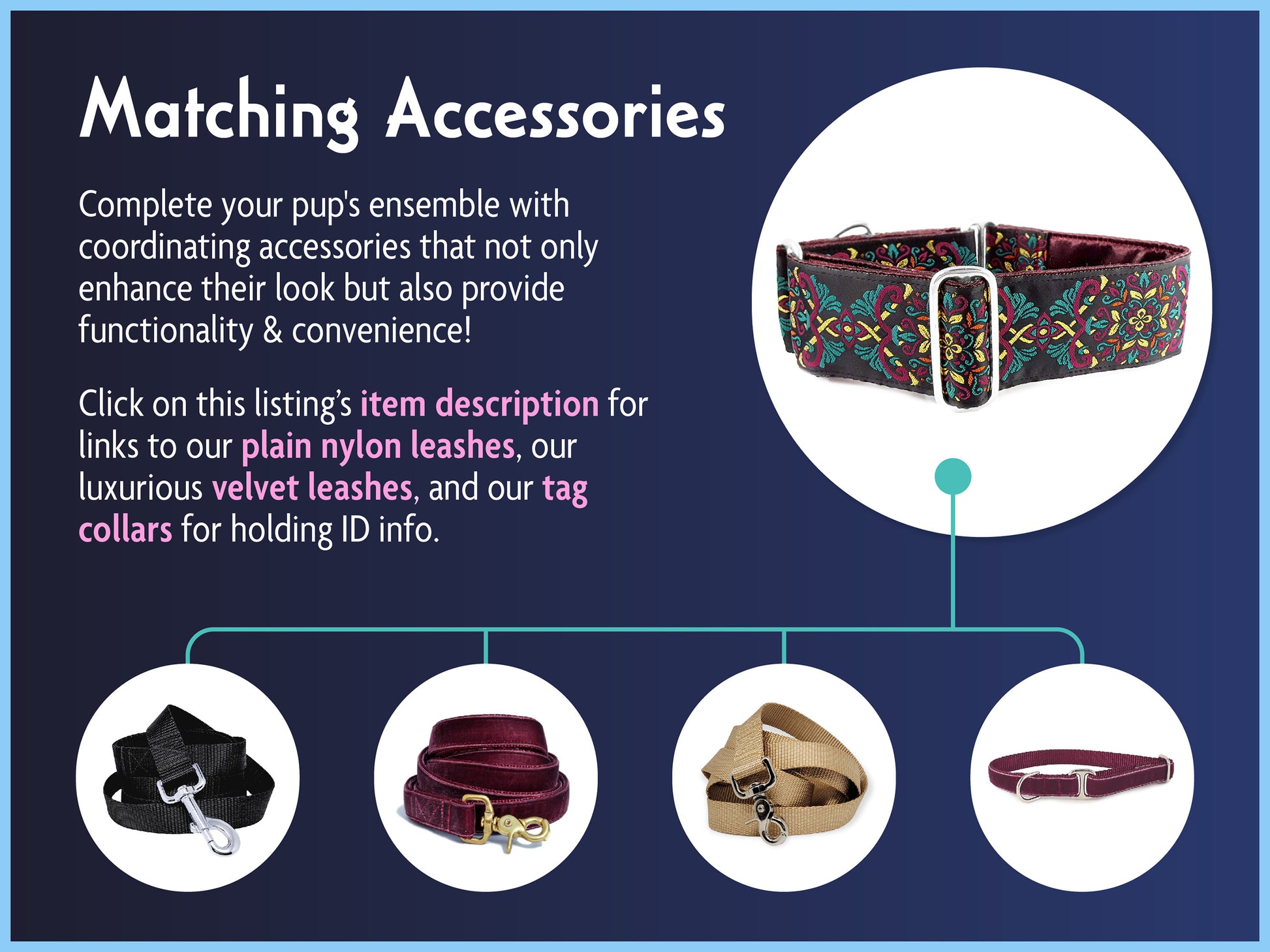 Matching Accessories for the 2 Inch Wide Plum, Teal Shiraz Dog Collar by The Hound Haberdashery