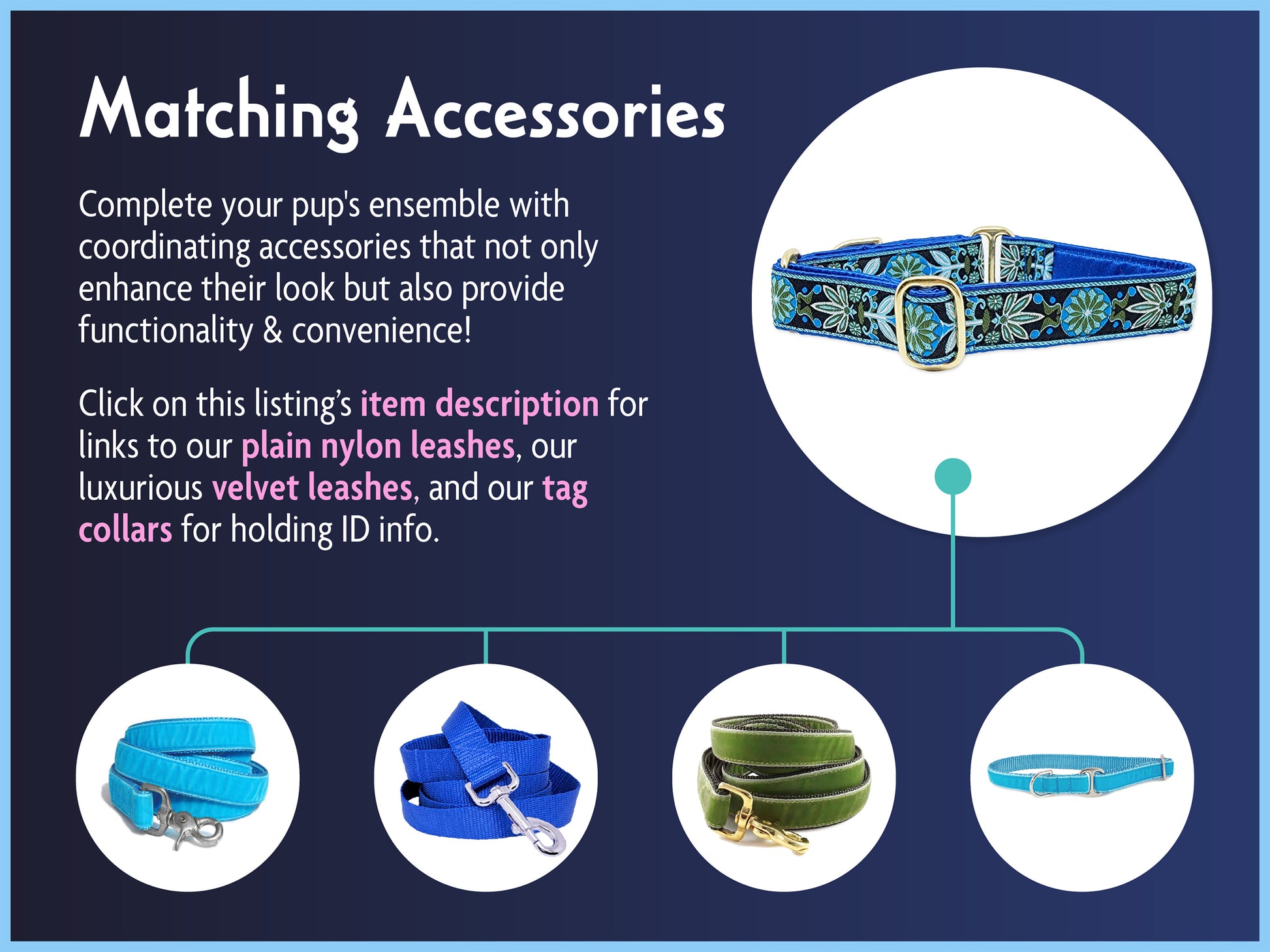Matching Accessories for the 1 Inch Wide Blue, Green Pinwheel Dog Collar by The Hound Haberdashery