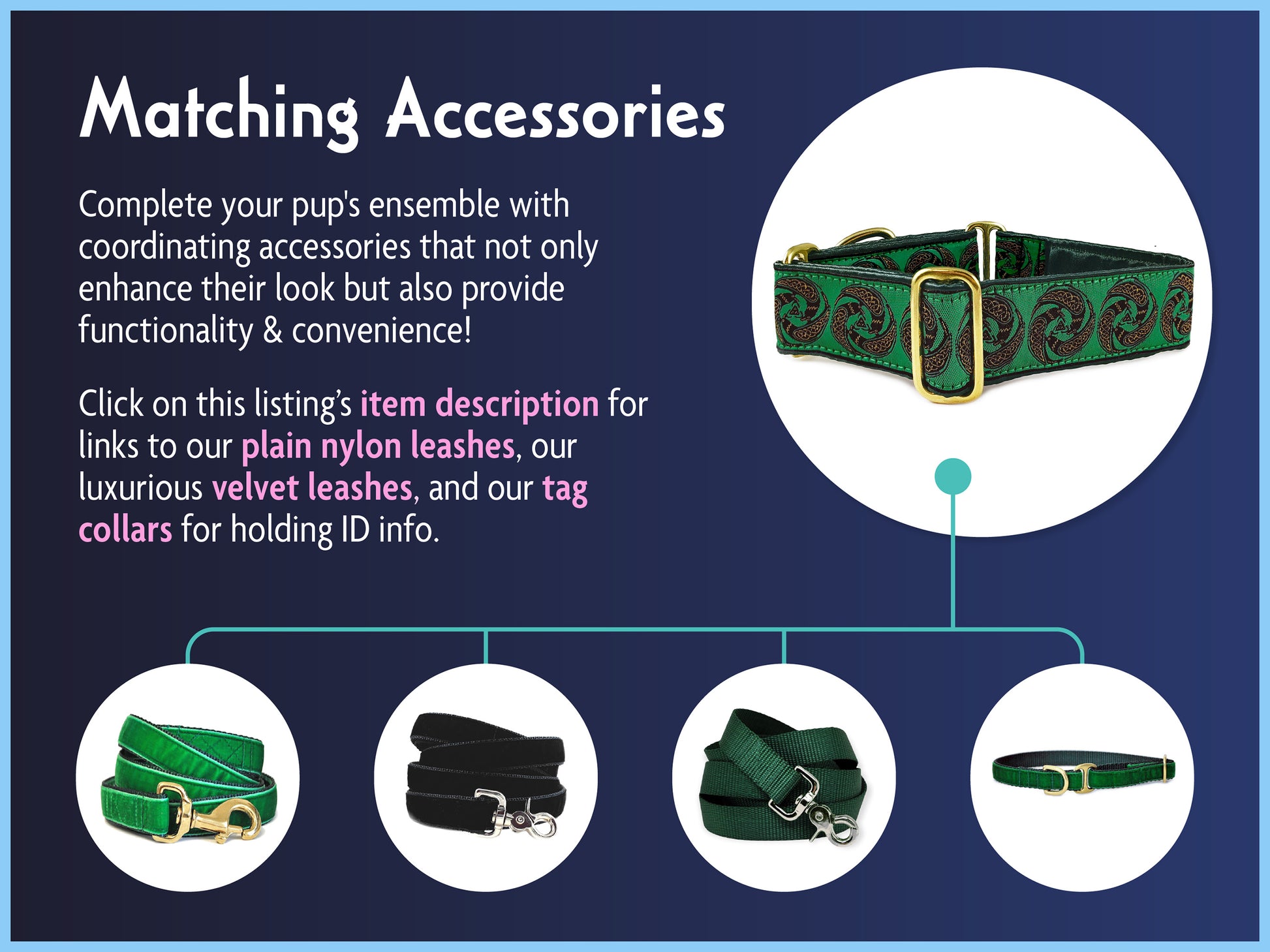 Matching Accessories for the 1.5 Inch Wide Green Celtic Ravens Dog Collar by The Hound Haberdashery
