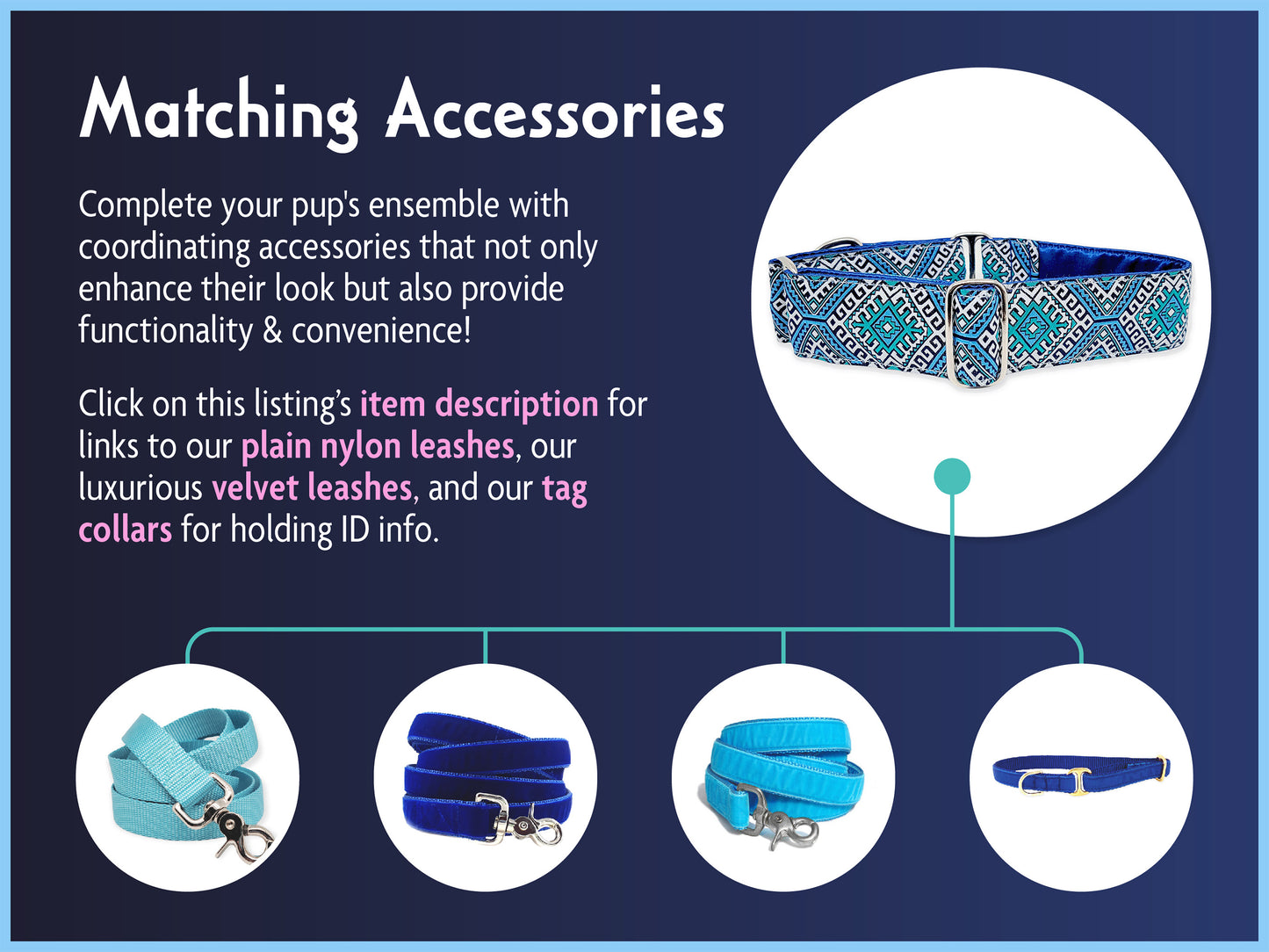 Matching Accessories for the 1.5 Inch Wide Blue Arizona Martingale Dog Collar by The Hound Haberdashery
