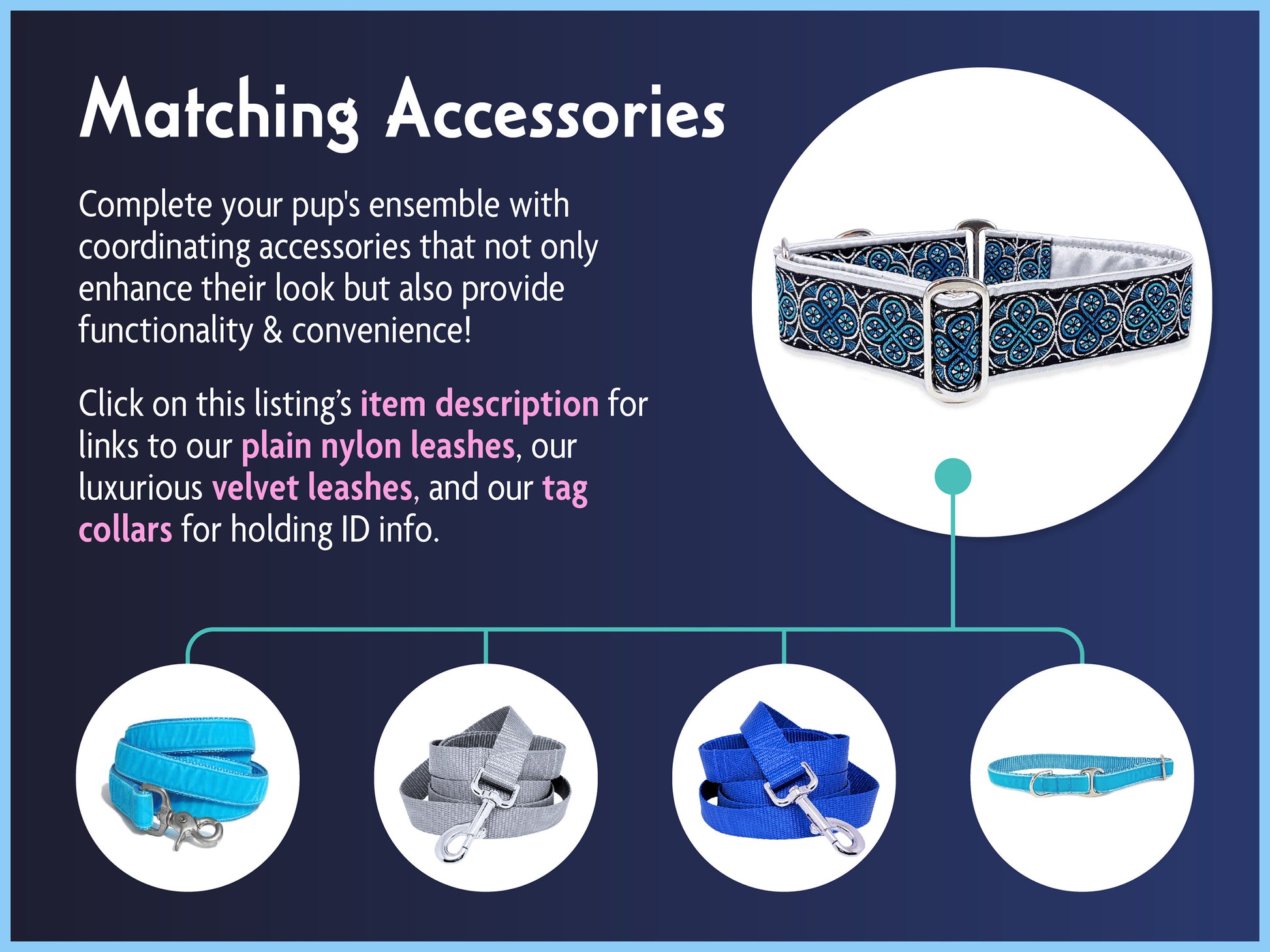Matching Accessories for the 1.5 Inch Wide Silver, Blue Blarney Dog Collar by The Hound Haberdashery