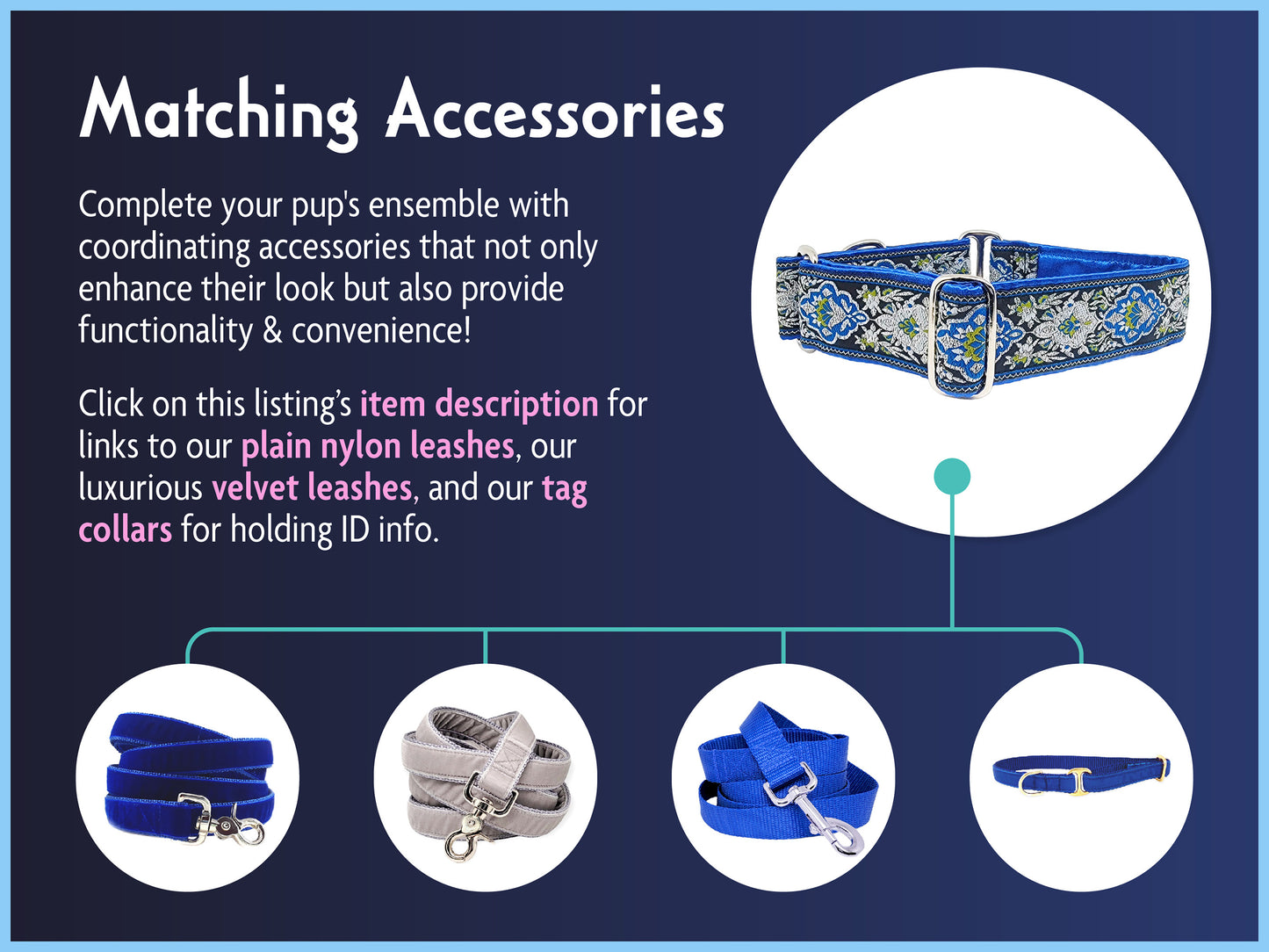 Matching Accessories for the 1.5 Inch Wide Blue Salzburg Dog Collar by The Hound Haberdashery