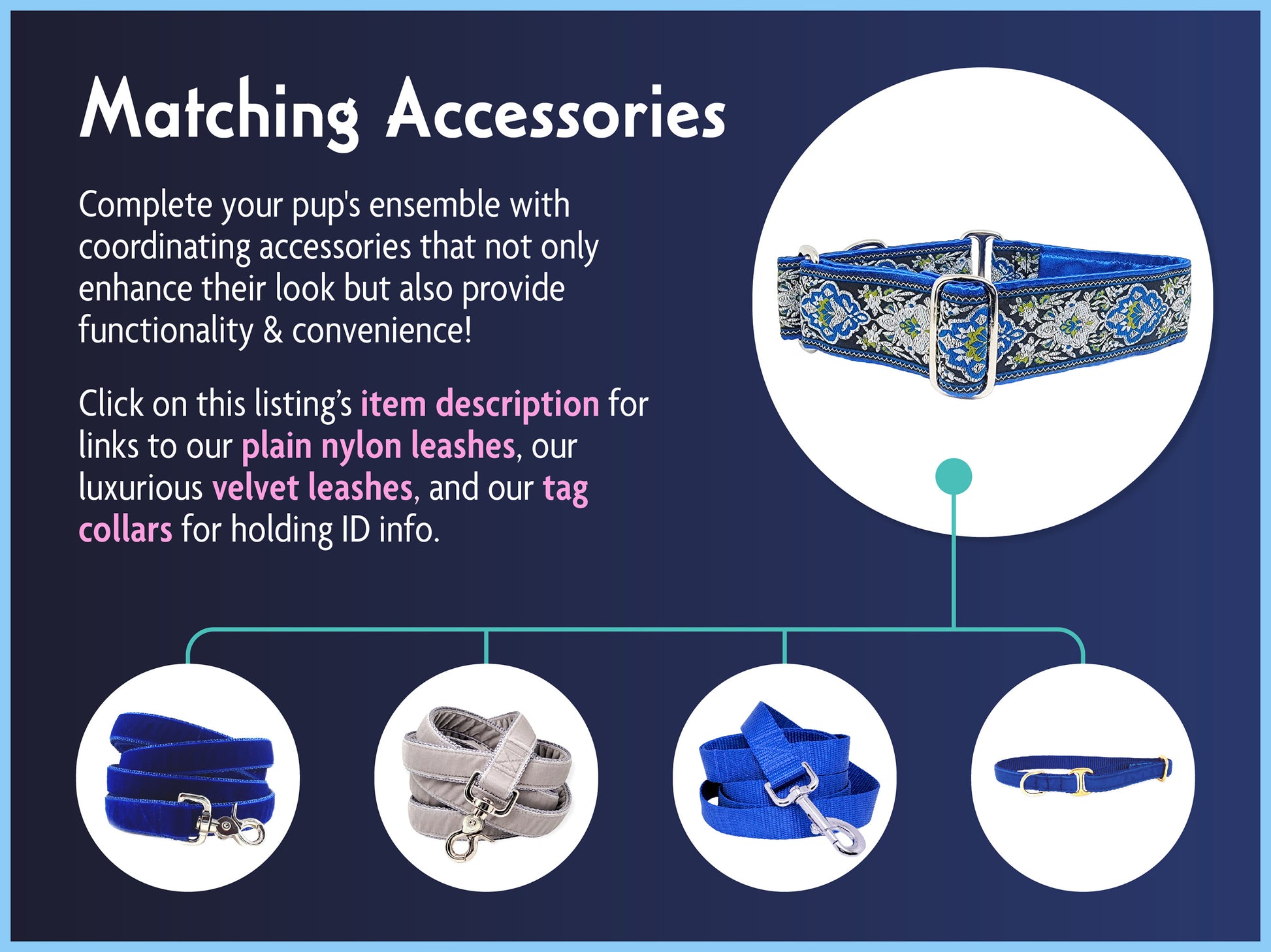 Matching Accessories for the 1.5 Inch Wide Blue Salzburg Dog Collar by The Hound Haberdashery