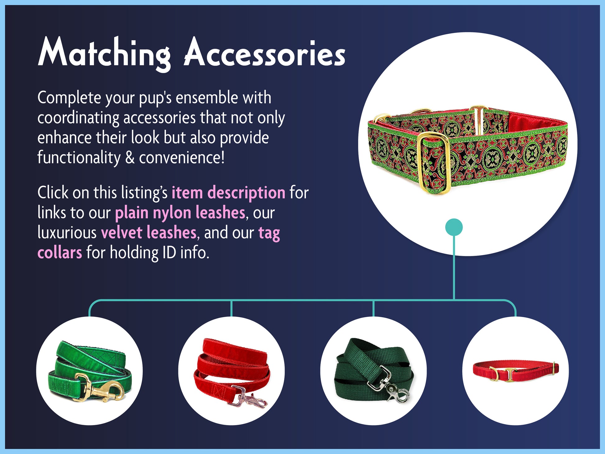 Matching Accessories for the 1.5 Inch Wide Renaissance Christmas Dog Collar by The Hound Haberdashery