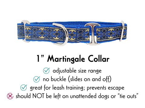 Premade & Ready to Ship: 1" Blue & Metallic Gold Clifden Martingale Collar (Size SMALL, Nickel-Plated)