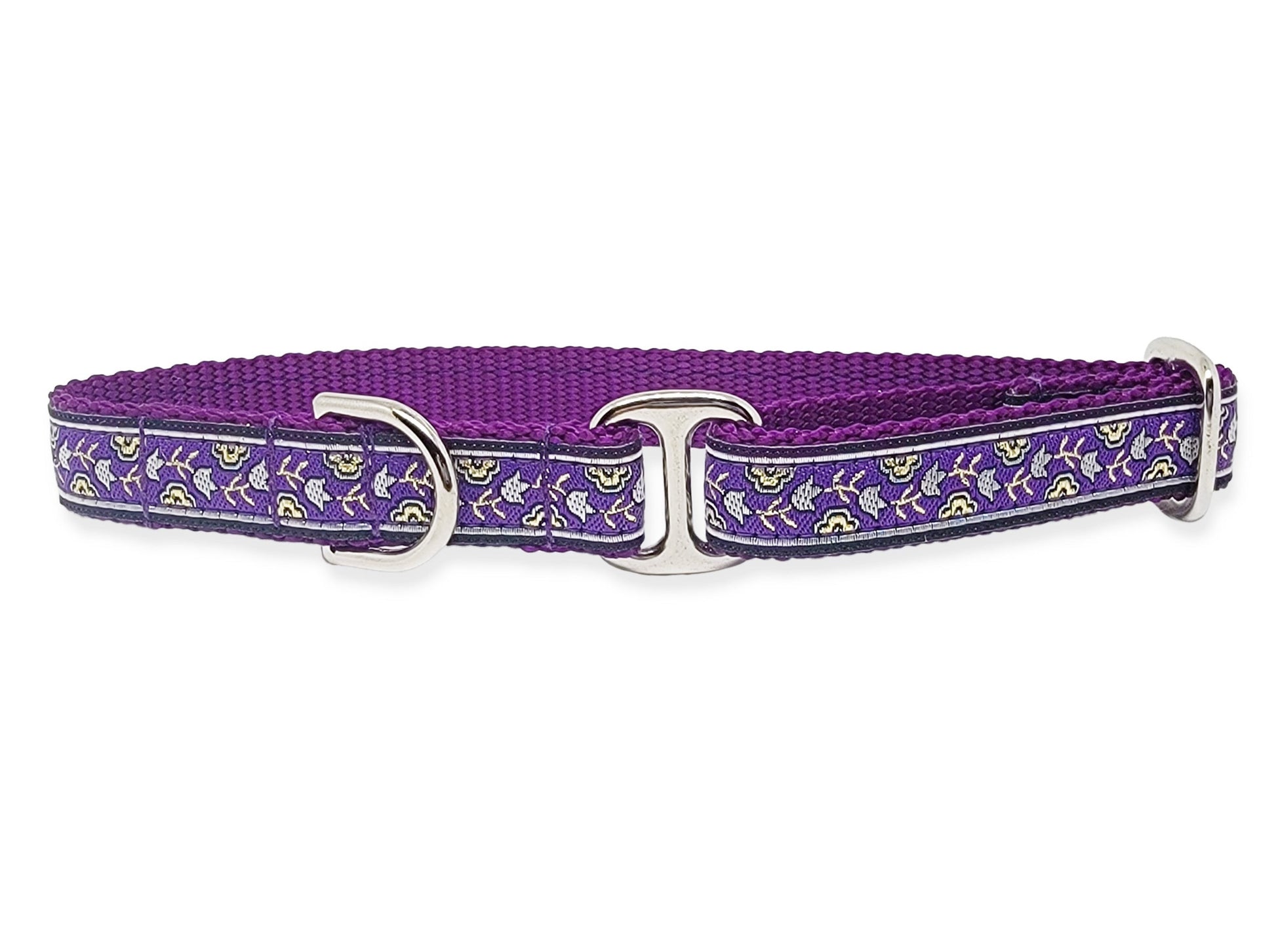 3/4 Inch Purple, Gold, Silver Dog Tag Collar by The Hound Haberdashery