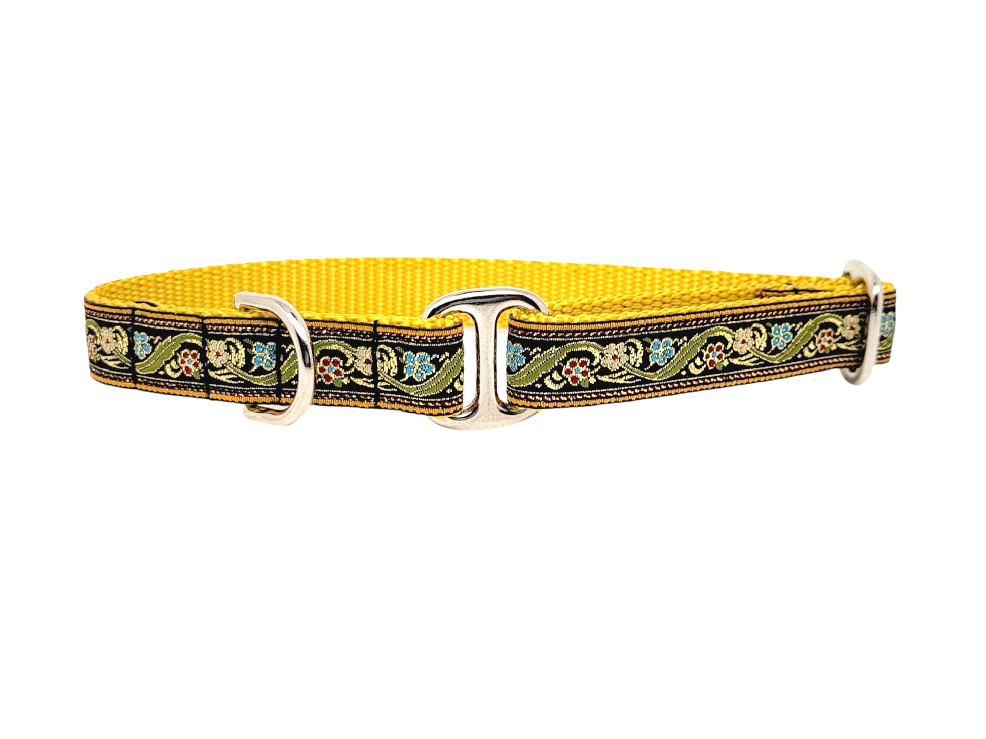 3/4 Inch Yellow, Gold Floral Vines Dog Tag Collar on goldenrod nylon, by The Hound Haberdashery