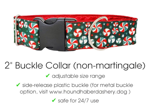 The Hound Haberdashery Premade & Ready to Ship: 2" Xmas peppermints buckle collar (size MEDIUM)