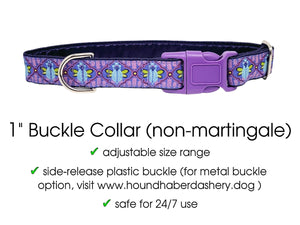 The Hound Haberdashery Premade & Ready to Ship: 1" purple lotus bee buckle Collar (size medium)
