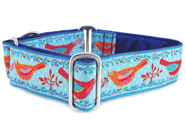 The Hound Haberdashery Collar Birds of a Feather Jacquard in Blue - Martingale Dog Collar or Buckle Dog Collar - 1.5" Width