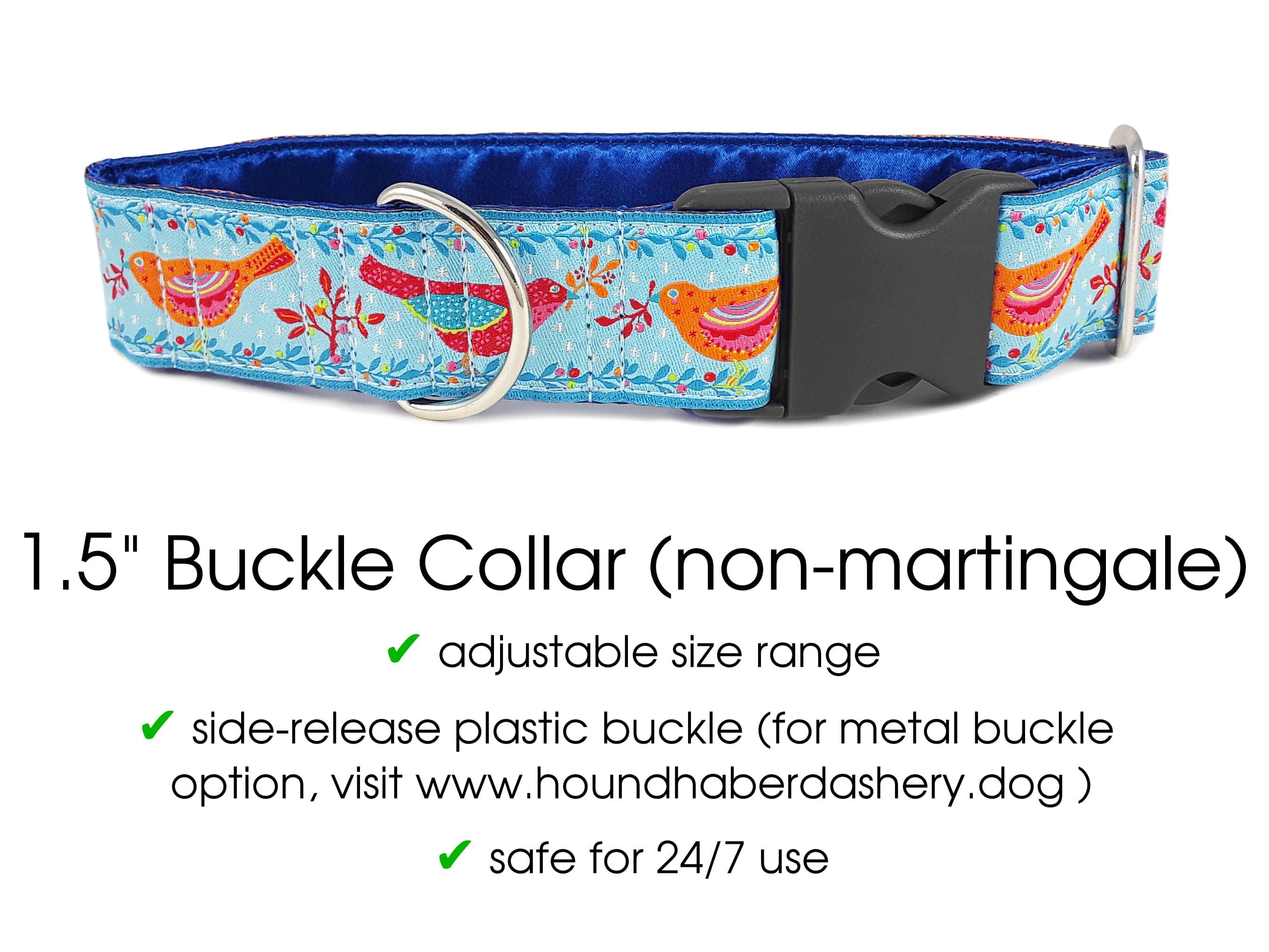 The Hound Haberdashery Collar Birds of a Feather Jacquard in Blue - Martingale Dog Collar or Buckle Dog Collar - 1.5" Width