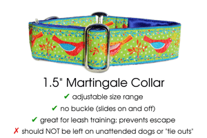 The Hound Haberdashery Collar Birds of a Feather Jacquard in Green & Blue - Martingale Dog Collar or Buckle Dog Collar - 1.5" Width