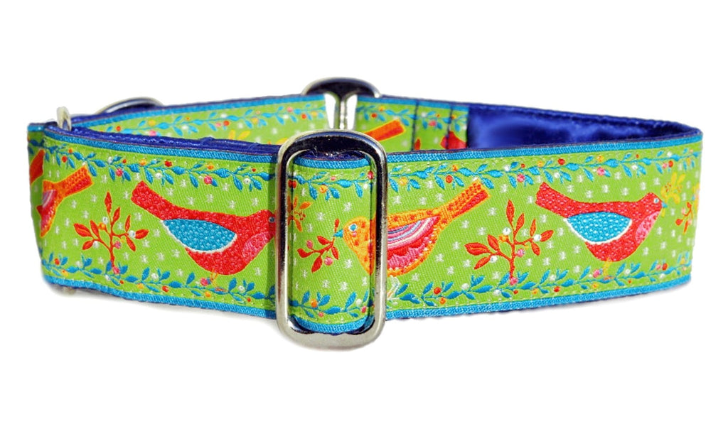 The Hound Haberdashery Collar Birds of a Feather Jacquard in Green & Blue - Martingale Dog Collar or Buckle Dog Collar - 1.5" Width
