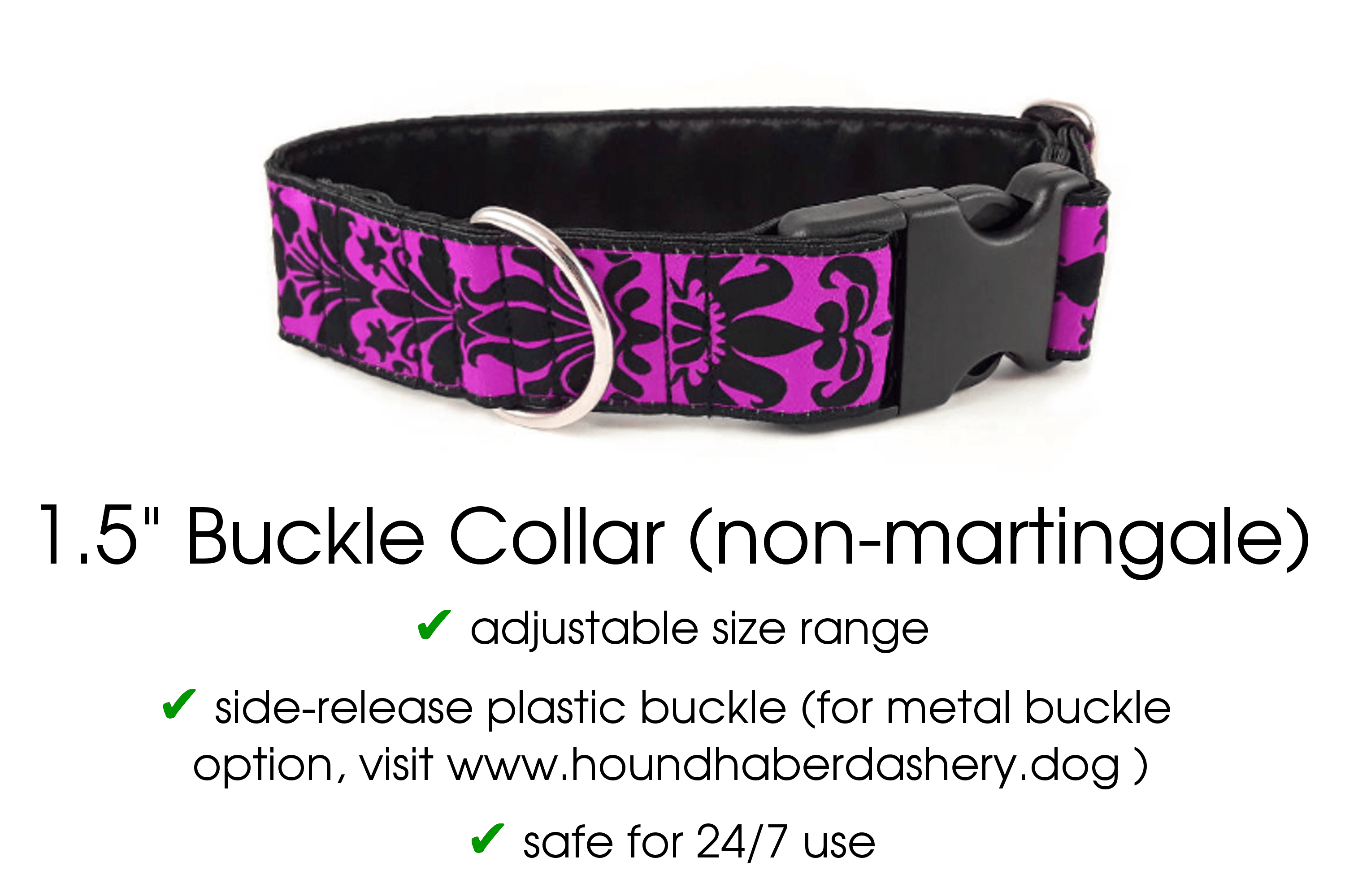 Lyons Damask in Fuchsia and Black - Martingale Dog Collar or Buckle Dog Collar - 1.5" Width - The Hound Haberdashery