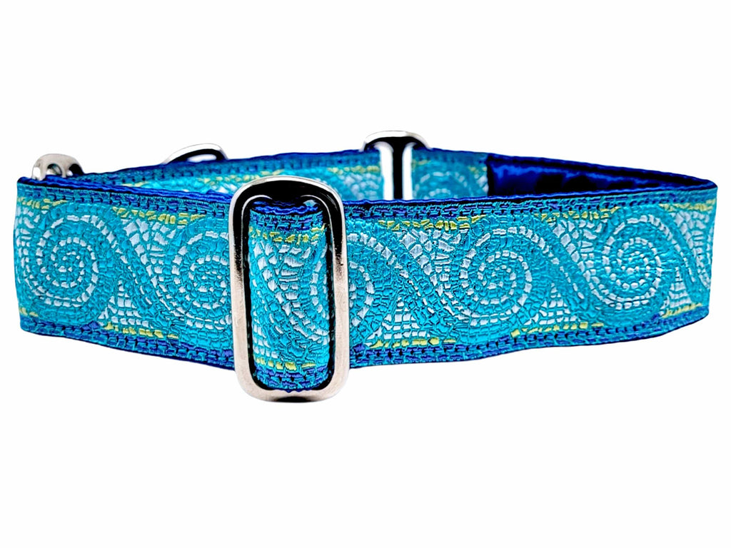 The Hound Haberdashery Collar Mosaic Wave in Blue - Martingale Dog Collar or Buckle Dog Collar - 1.5" Width