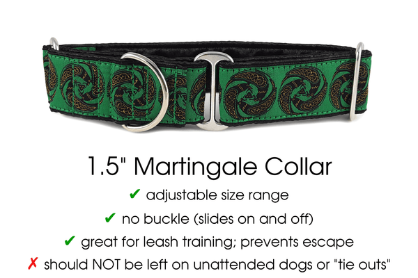 Celtic Ravens in Green - Martingale Dog Collar or Buckle Dog Collar - 1.5" Width - The Hound Haberdashery