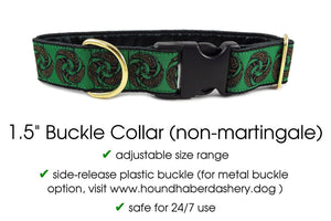 The Hound Haberdashery Collar Celtic Ravens in Green - Martingale Dog Collar or Buckle Dog Collar - 1.5" Width