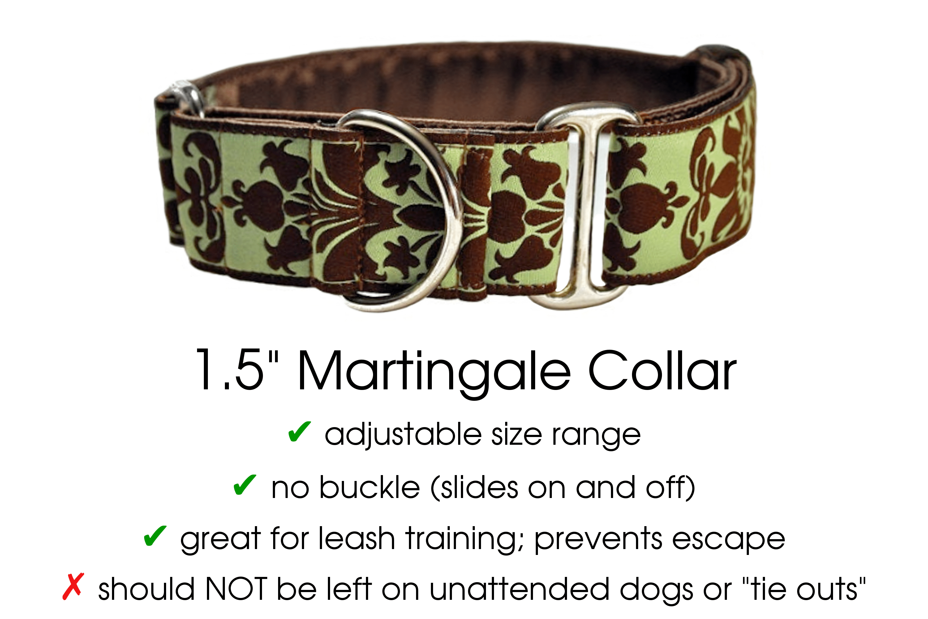 Lyons Damask in Green and Chocolate - Martingale Dog Collar or Buckle Dog Collar - 1.5" Width - The Hound Haberdashery