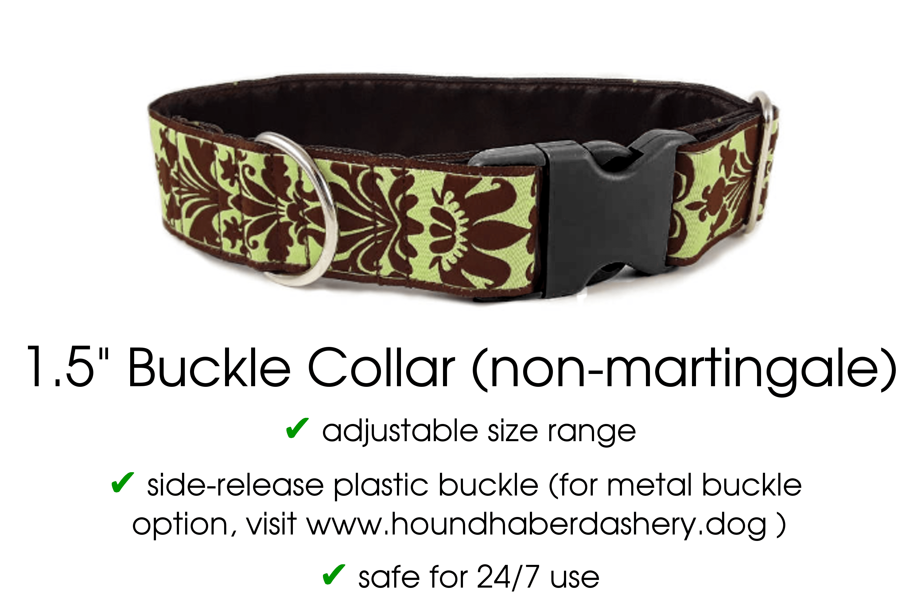 Lyons Damask in Green and Chocolate - Martingale Dog Collar or Buckle Dog Collar - 1.5" Width - The Hound Haberdashery