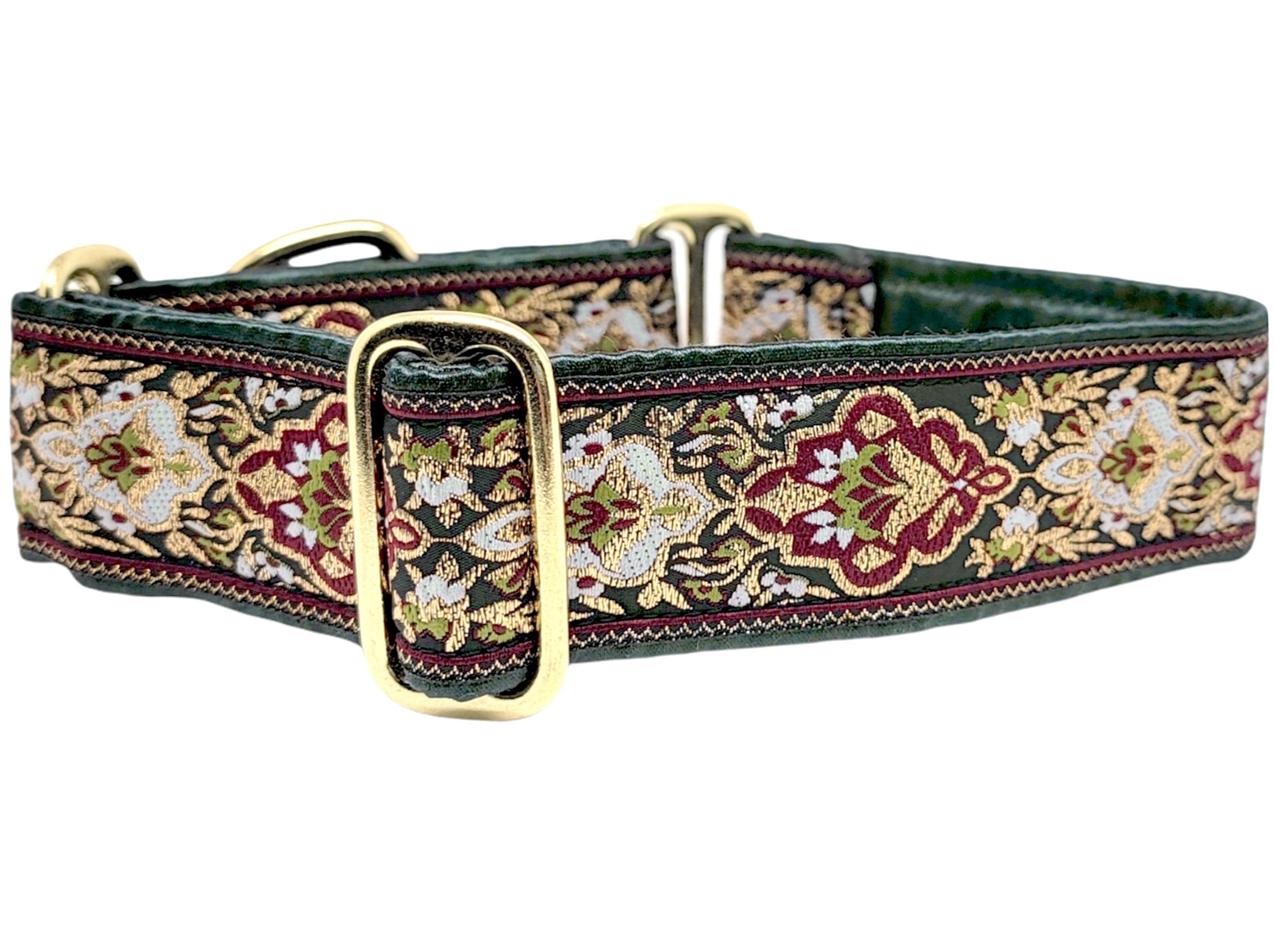 The Hound Haberdashery Collar Salzburg in Green & Gold - Martingale Dog Collar or Buckle Dog Collar - 1.5" Width
