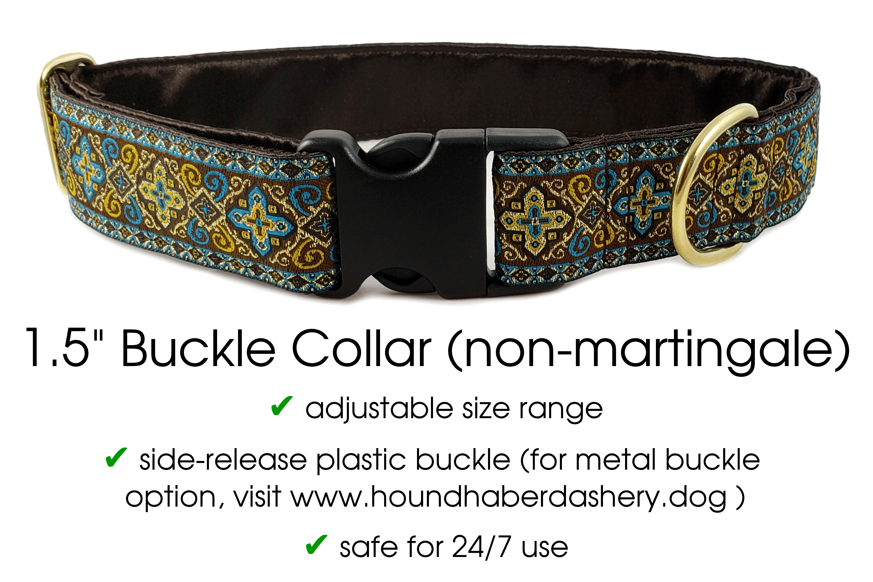 The Hound Haberdashery Collar Nobility in Brown & Turquoise - Martingale Dog Collar or Buckle Dog Collar - 1.5" Width