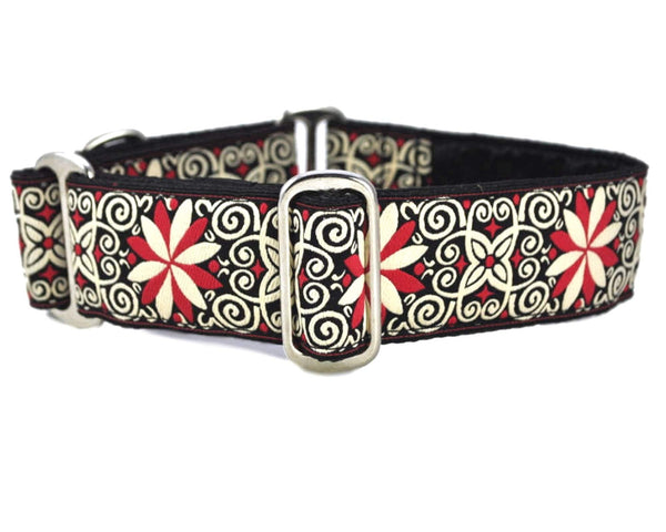 Arabesque Jacquard in Red & White - Martingale Dog Collar or Buckle Dog Collar - 1.5" Width - The Hound Haberdashery