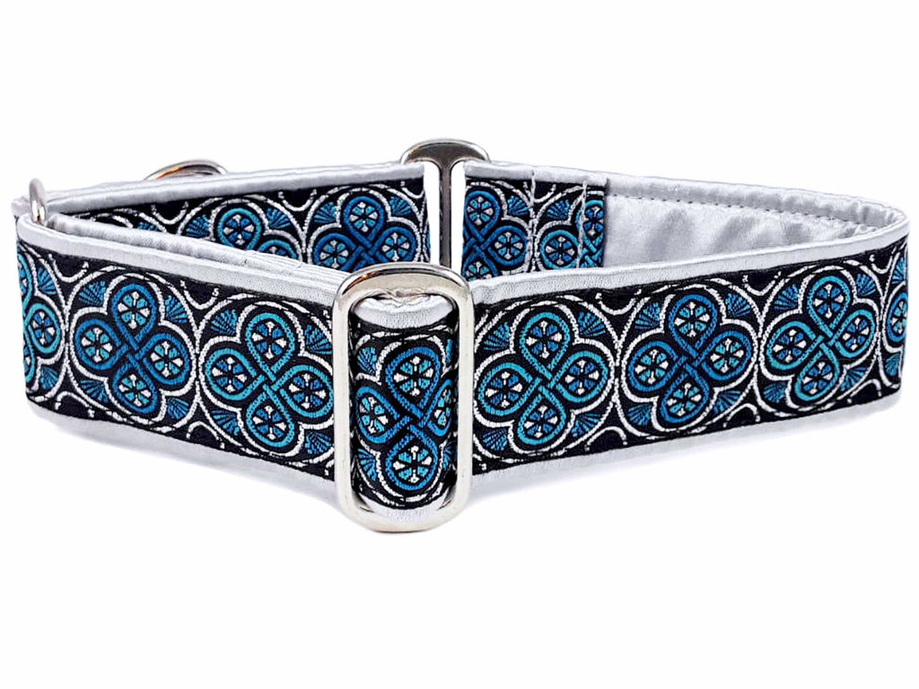 The Hound Haberdashery Collar Blarney Jacquard in Silver & Blue - Martingale Dog Collar or Buckle Dog Collar - 1.5" Width