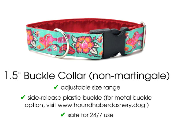 The Hound Haberdashery Collar Cheery Chipmunk Jacquard in Aqua [RED LINING] - Martingale Dog Collar or Buckle Dog Collar - 1.5" Width