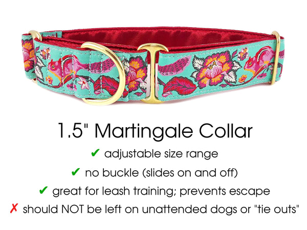The Hound Haberdashery Collar Cheery Chipmunk Jacquard in Aqua [RED LINING] - Martingale Dog Collar or Buckle Dog Collar - 1.5" Width