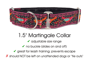 Birds of a Feather Jacquard in Black & Pink - Martingale Dog Collar or Buckle Dog Collar - 1.5" Width - The Hound Haberdashery