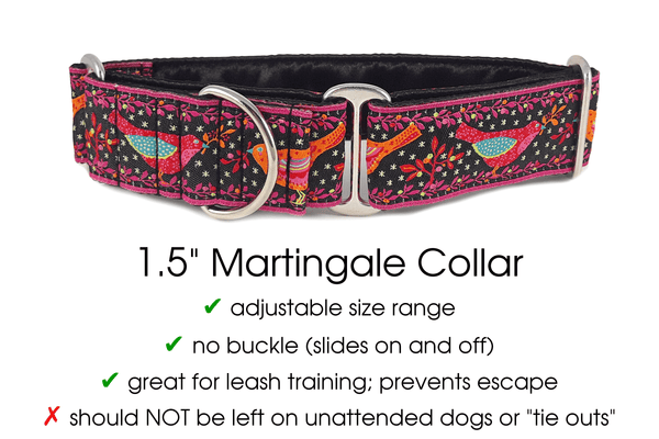 Birds of a Feather Jacquard in Black & Pink - Martingale Dog Collar or Buckle Dog Collar - 1.5" Width - The Hound Haberdashery