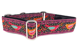 Birds of a Feather Jacquard in Black & Pink - Martingale Dog Collar or Buckle Dog Collar - 1.5" Width - The Hound Haberdashery