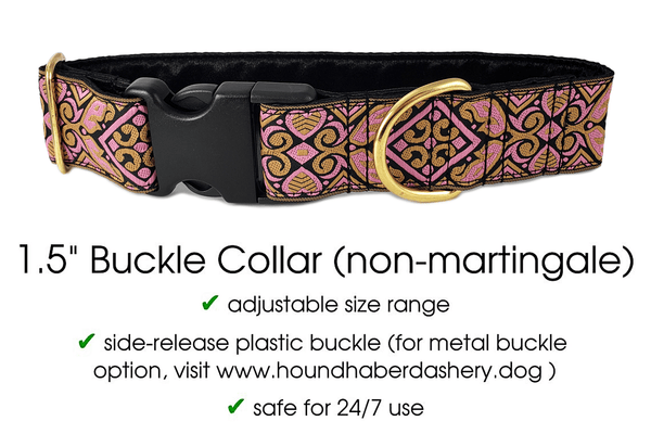 The Hound Haberdashery Collar Cologne in Pink & Old Gold (Non-Metallic) - Martingale Dog Collar or Buckle Dog Collar - 1.5" Width