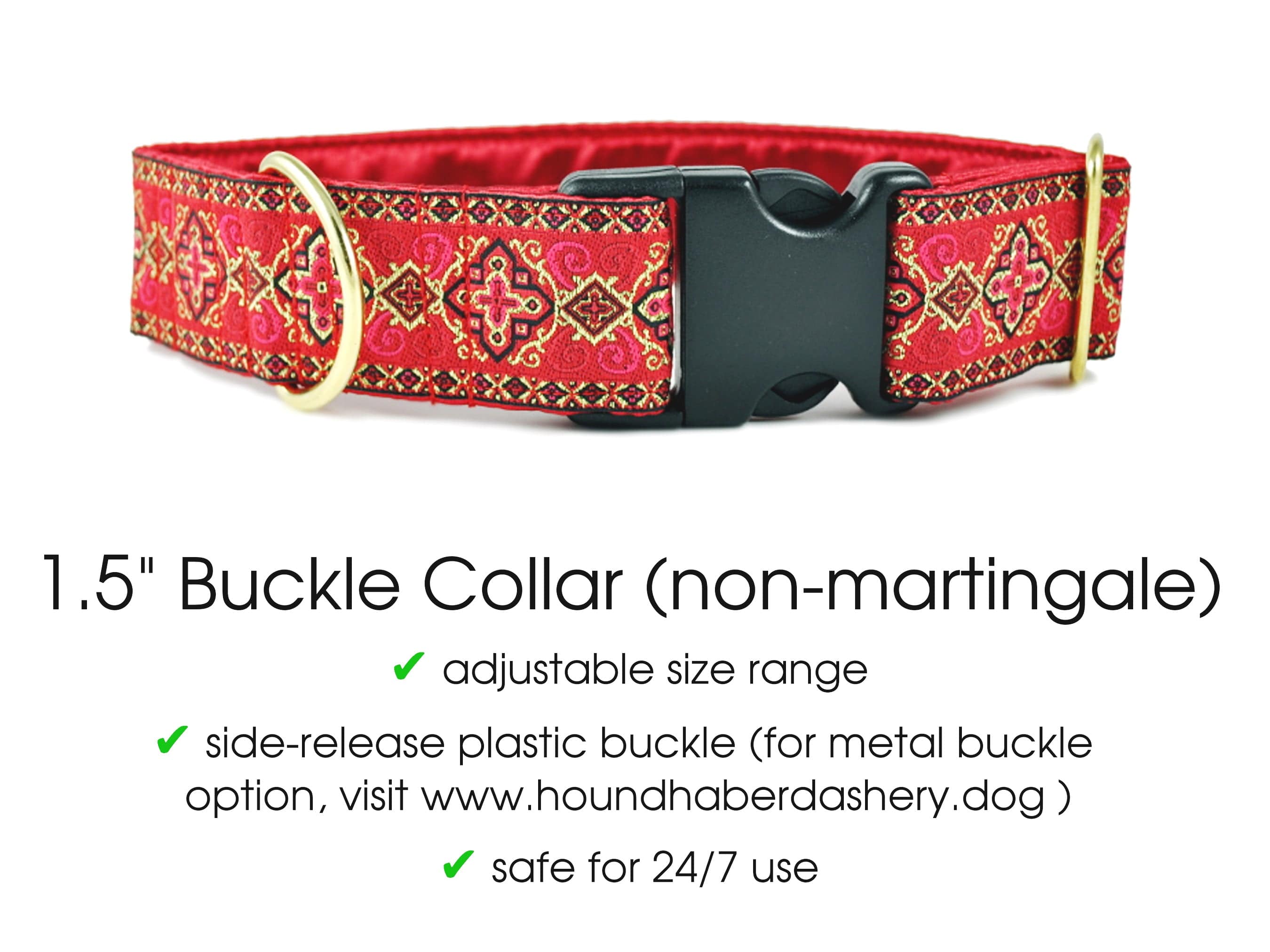 The Hound Haberdashery Collar Nobility in Red - Martingale Dog Collar or Buckle Dog Collar - 1.5" Width