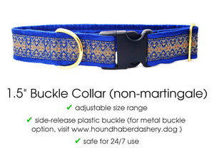 The Hound Haberdashery Collar Cairo Jacquard in Gold & Royal Blue- Martingale Dog Collar or Buckle Dog Collar - 1.5" Width