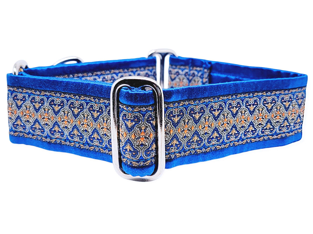 The Hound Haberdashery Collar Cairo Jacquard in Gold & Royal Blue- Martingale Dog Collar or Buckle Dog Collar - 1.5" Width