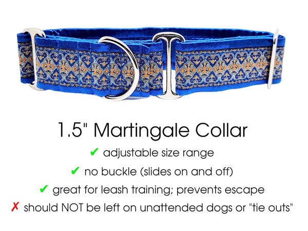 The Hound Haberdashery Collar Cairo Jacquard in Gold & Royal Blue- Martingale Dog Collar or Buckle Dog Collar - 1.5" Width